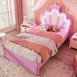 Lit Simple pour enfant 90 x 200 cm - Lit avec 2 Rangements - PU + MDF - Sans Matelas - Rose>Okwish Discount