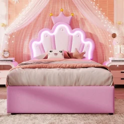 Lit Simple pour enfant 90 x 200 cm - Lit avec 2 Rangements - PU + MDF - Sans Matelas - Rose><noscript><img width=