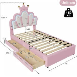 Lit Simple pour enfant 90 x 200 cm - Lit avec 2 Rangements - PU + MDF - Sans Matelas - Rose><noscript><img width=