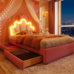 Lit Simple pour enfant 90 x 200 cm - Lit avec 2 Rangements - PU + MDF - Sans Matelas - Rose><noscript><img width=