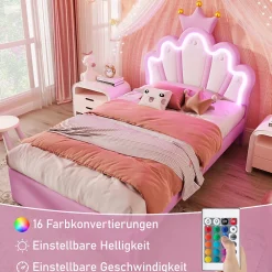 Lit Simple pour enfant 90 x 200 cm - Lit avec 2 Rangements - PU + MDF - Sans Matelas - Rose><noscript><img width=