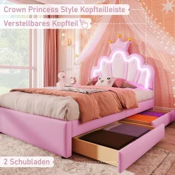 Lit Simple pour enfant 90 x 200 cm - Lit avec 2 Rangements - PU + MDF - Sans Matelas - Rose><noscript><img width=