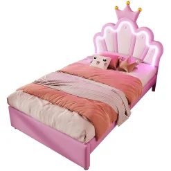 Lit Simple pour enfant 90 x 200 cm - Lit avec 2 Rangements - PU + MDF - Sans Matelas - Rose><noscript><img width=