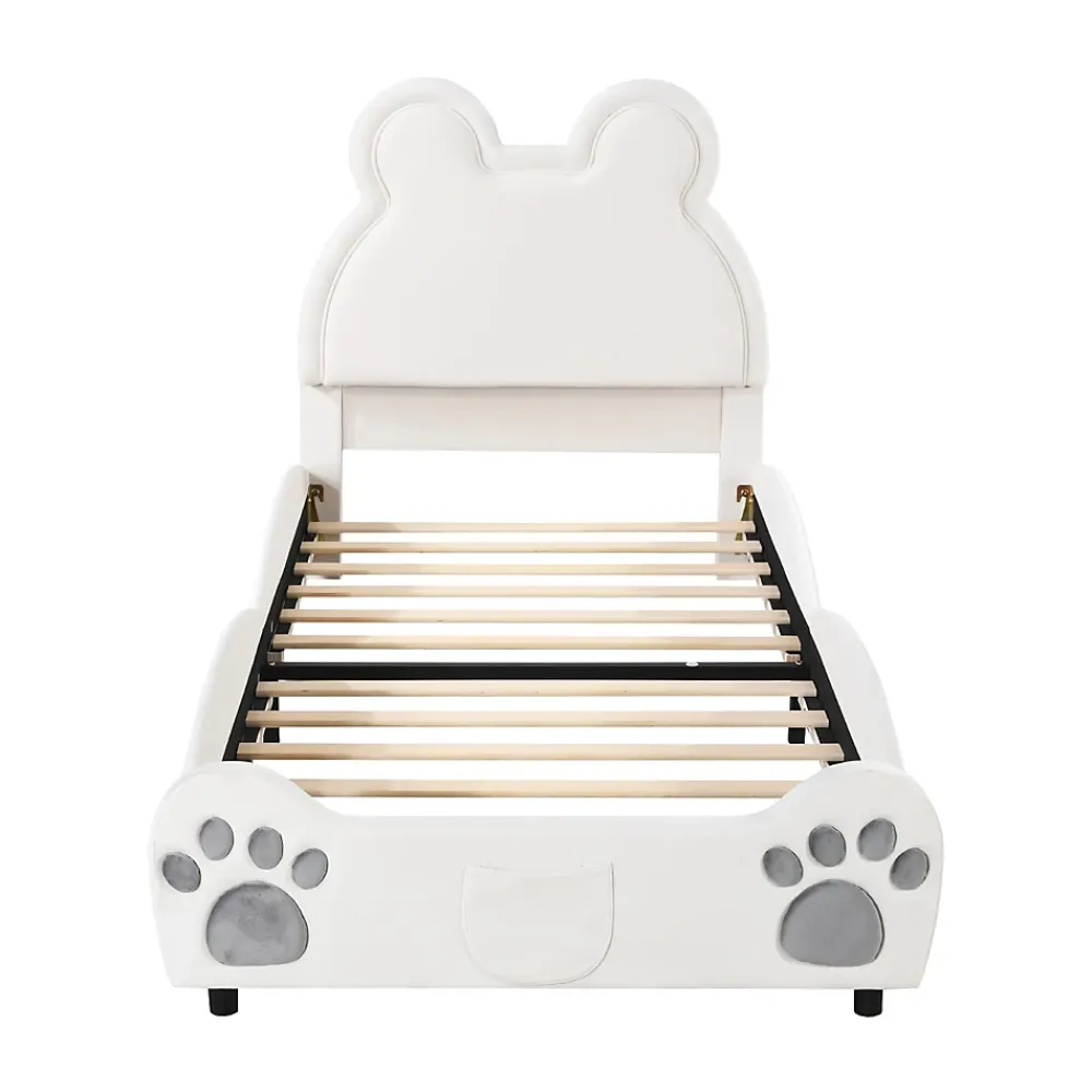 Okwish Lit simple pour enfant 90x200 cm - Lit capitonné en forme d'ours - Velours + Métal + MDF - Sans matelas - Blanc*Enfant Lit Enfant