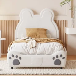Okwish Lit simple pour enfant 90x200 cm - Lit capitonné en forme d'ours - Velours + Métal + MDF - Sans matelas - Blanc*Enfant Lit Enfant