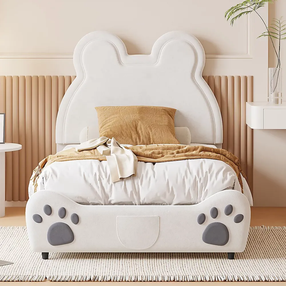 Okwish Lit simple pour enfant 90x200 cm - Lit capitonné en forme d'ours - Velours + Métal + MDF - Sans matelas - Blanc*Enfant Lit Enfant