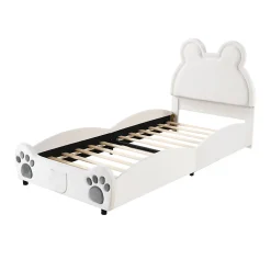 Okwish Lit simple pour enfant 90x200 cm - Lit capitonné en forme d'ours - Velours + Métal + MDF - Sans matelas - Blanc*Enfant Lit Enfant