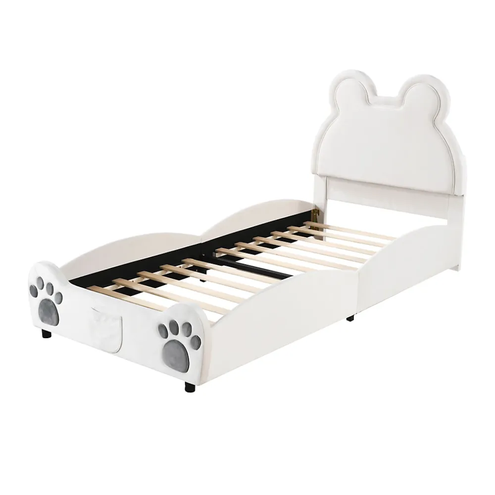 Okwish Lit simple pour enfant 90x200 cm - Lit capitonné en forme d'ours - Velours + Métal + MDF - Sans matelas - Blanc*Enfant Lit Enfant