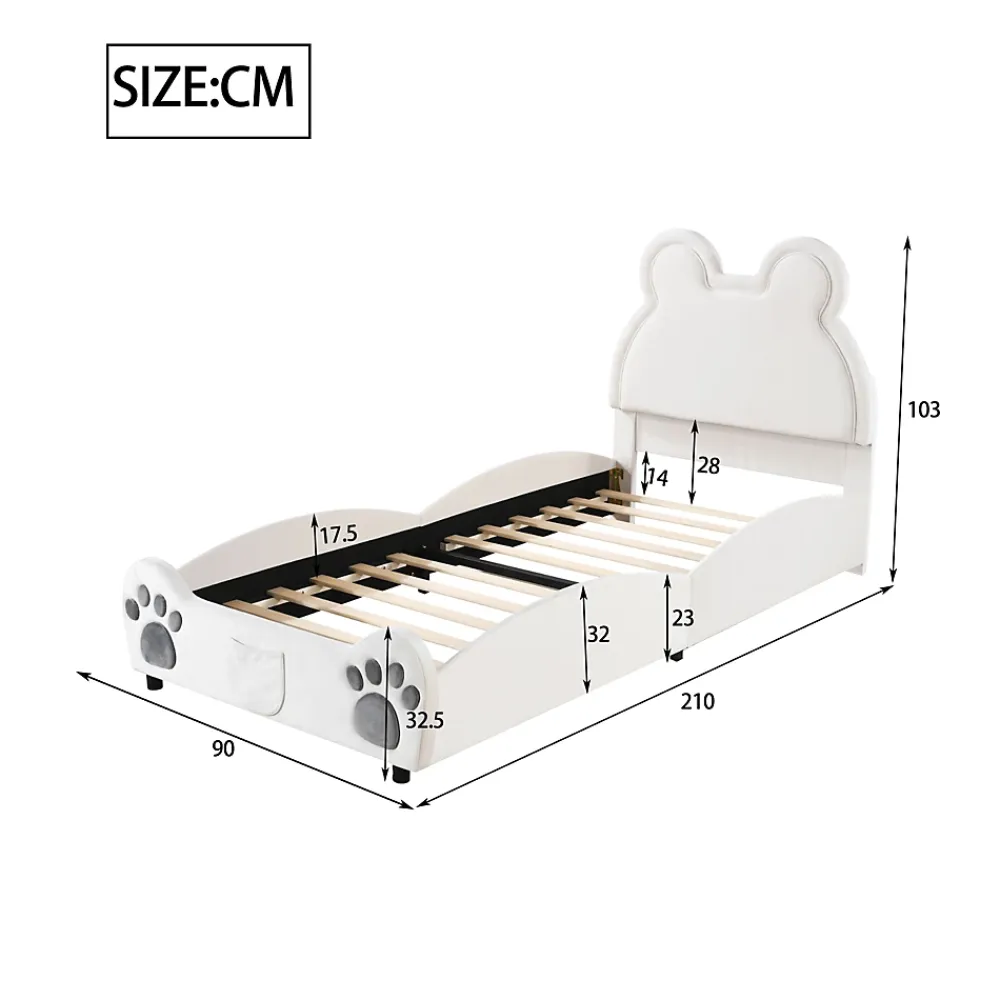 Okwish Lit simple pour enfant 90x200 cm - Lit capitonné en forme d'ours - Velours + Métal + MDF - Sans matelas - Blanc*Enfant Lit Enfant