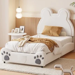 Okwish Lit simple pour enfant 90x200 cm - Lit capitonné en forme d'ours - Velours + Métal + MDF - Sans matelas - Blanc*Enfant Lit Enfant
