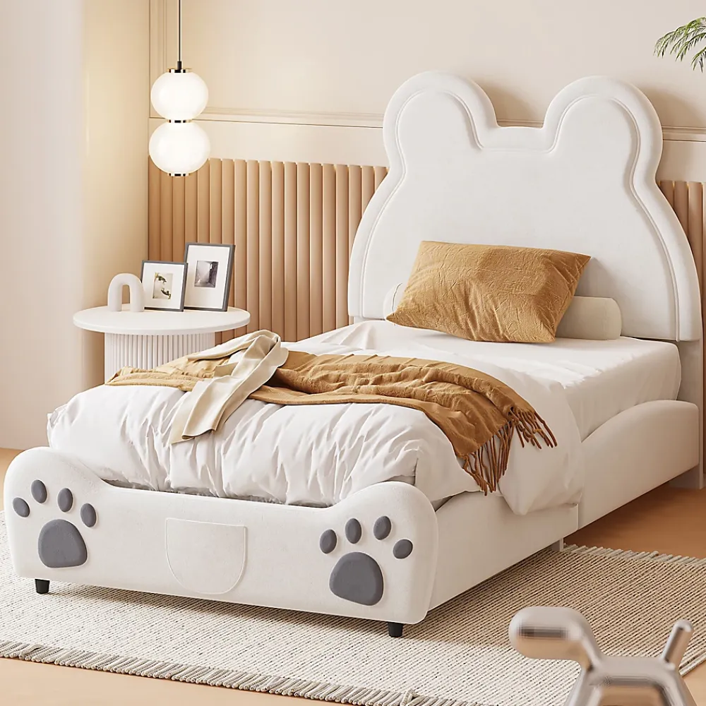Okwish Lit simple pour enfant 90x200 cm - Lit capitonné en forme d'ours - Velours + Métal + MDF - Sans matelas - Blanc*Enfant Lit Enfant