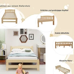 Lit simple pour enfant 90x200 cm - Lit classique avec tête de lit et sommier à lattes - Pin - Sans matelas - Naturel><noscript><img width=