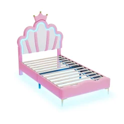 Okwish Lit simple pour enfant 90x200 cm - Lit enfant avec bande lumineuse LED - MDF + Cuir synthétique + Métal - Sans matelas - Rose*Enfant Lit Enfant