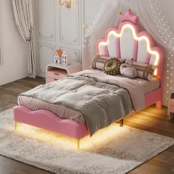 Okwish Lit simple pour enfant 90x200 cm - Lit enfant avec bande lumineuse LED - MDF + Cuir synthétique + Métal - Sans matelas - Rose*Enfant Lit Enfant