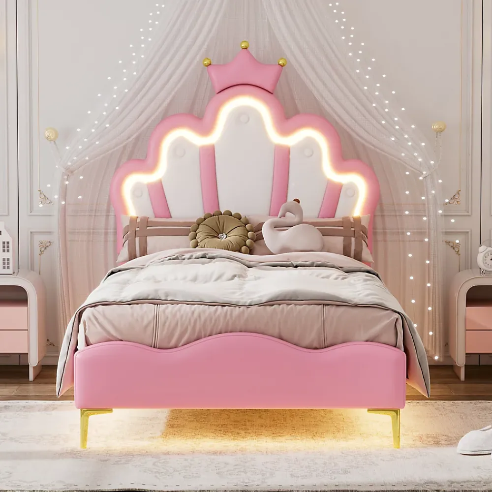 Okwish Lit simple pour enfant 90x200 cm - Lit enfant avec bande lumineuse LED - MDF + Cuir synthétique + Métal - Sans matelas - Rose*Enfant Lit Enfant