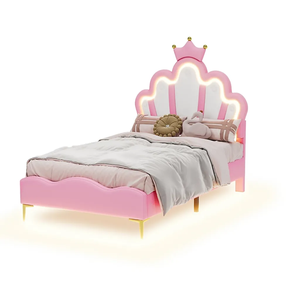 Okwish Lit simple pour enfant 90x200 cm - Lit enfant avec bande lumineuse LED - MDF + Cuir synthétique + Métal - Sans matelas - Rose*Enfant Lit Enfant