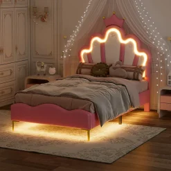 Okwish Lit simple pour enfant 90x200 cm - Lit enfant avec bande lumineuse LED - MDF + Cuir synthétique + Métal - Sans matelas - Rose*Enfant Lit Enfant