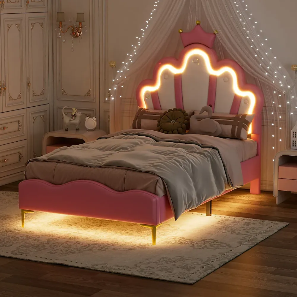 Okwish Lit simple pour enfant 90x200 cm - Lit enfant avec bande lumineuse LED - MDF + Cuir synthétique + Métal - Sans matelas - Rose*Enfant Lit Enfant