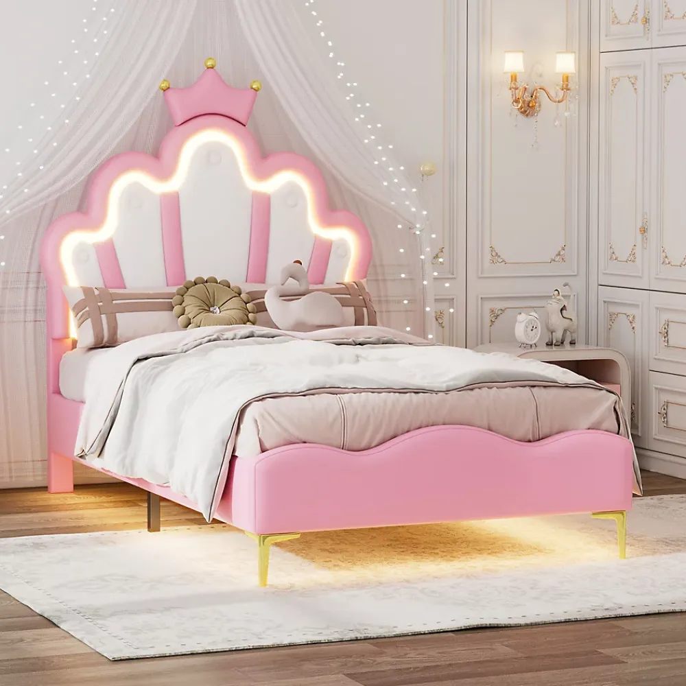 Okwish Lit simple pour enfant 90x200 cm - Lit enfant avec bande lumineuse LED - MDF + Cuir synthétique + Métal - Sans matelas - Rose*Enfant Lit Enfant