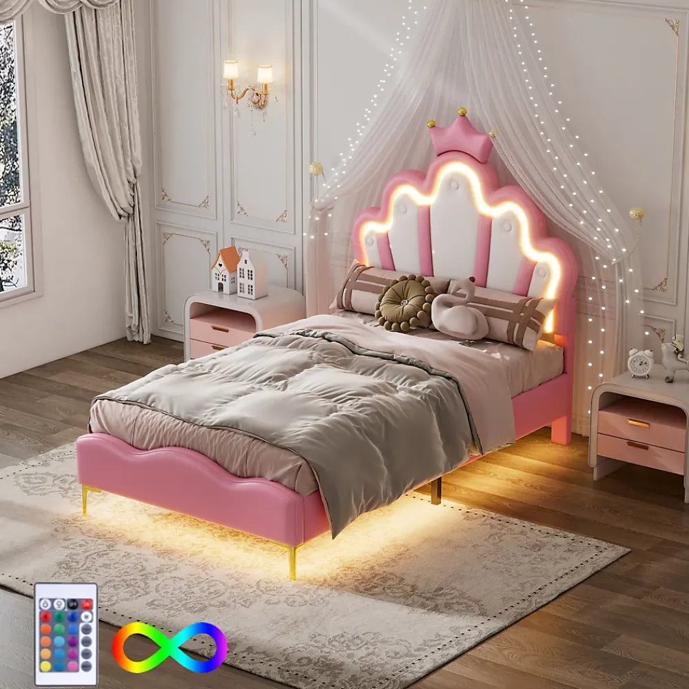 Okwish Lit simple pour enfant 90x200 cm - Lit enfant avec bande lumineuse LED - MDF + Cuir synthétique + Métal - Sans matelas - Rose*Enfant Lit Enfant