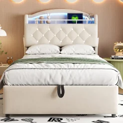 Redom Lit simple rembourré 90 sur 200 en velours avec LED port USB et rangement multifonctionnel couleur beige* Lit Avec Rangement