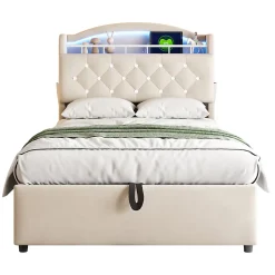 Redom Lit simple rembourré 90 sur 200 en velours avec LED port USB et rangement multifonctionnel couleur beige* Lit Avec Rangement