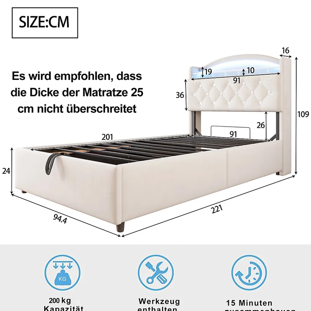 Redom Lit simple rembourré 90 sur 200 en velours avec LED port USB et rangement multifonctionnel couleur beige* Lit Avec Rangement