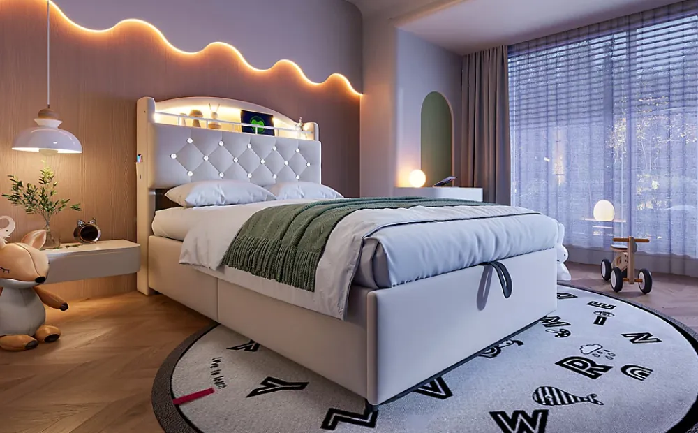 Redom Lit simple rembourré 90 sur 200 en velours avec LED port USB et rangement multifonctionnel couleur beige* Lit Avec Rangement