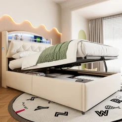 Redom Lit simple rembourré 90 sur 200 en velours avec LED port USB et rangement multifonctionnel couleur beige* Lit Avec Rangement