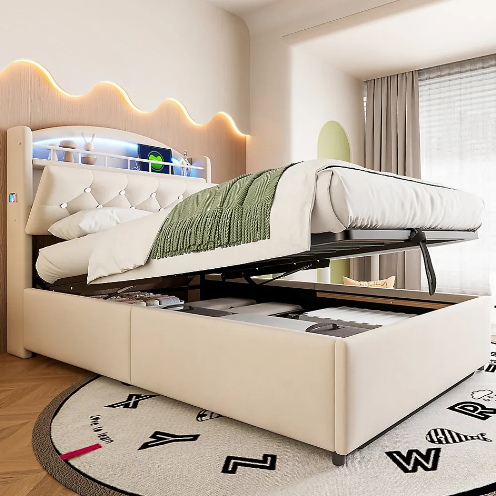 Redom Lit simple rembourré 90 sur 200 en velours avec LED port USB et rangement multifonctionnel couleur beige* Lit Avec Rangement