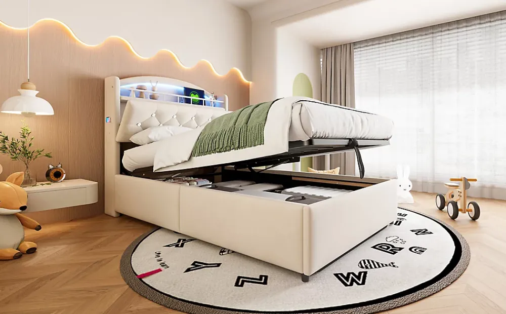 Redom Lit simple rembourré 90 sur 200 en velours avec LED port USB et rangement multifonctionnel couleur beige* Lit Avec Rangement