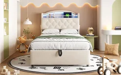 Redom Lit simple rembourré 90 sur 200 en velours avec LED port USB et rangement multifonctionnel couleur beige* Lit Avec Rangement