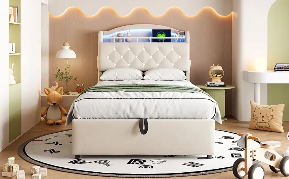 Redom Lit simple rembourré 90 sur 200 en velours avec LED port USB et rangement multifonctionnel couleur beige* Lit Avec Rangement