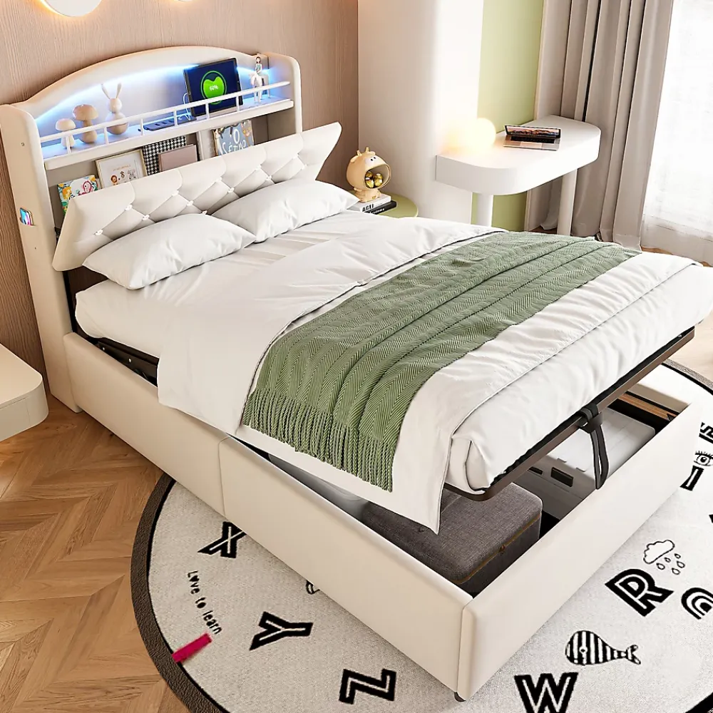 Redom Lit simple rembourré 90 sur 200 en velours avec LED port USB et rangement multifonctionnel couleur beige* Lit Avec Rangement