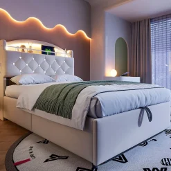 Redom Lit simple rembourré 90 sur 200 en velours avec LED port USB et rangement multifonctionnel couleur beige* Lit Avec Rangement
