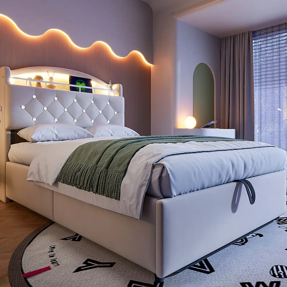 Redom Lit simple rembourré 90 sur 200 en velours avec LED port USB et rangement multifonctionnel couleur beige* Lit Avec Rangement