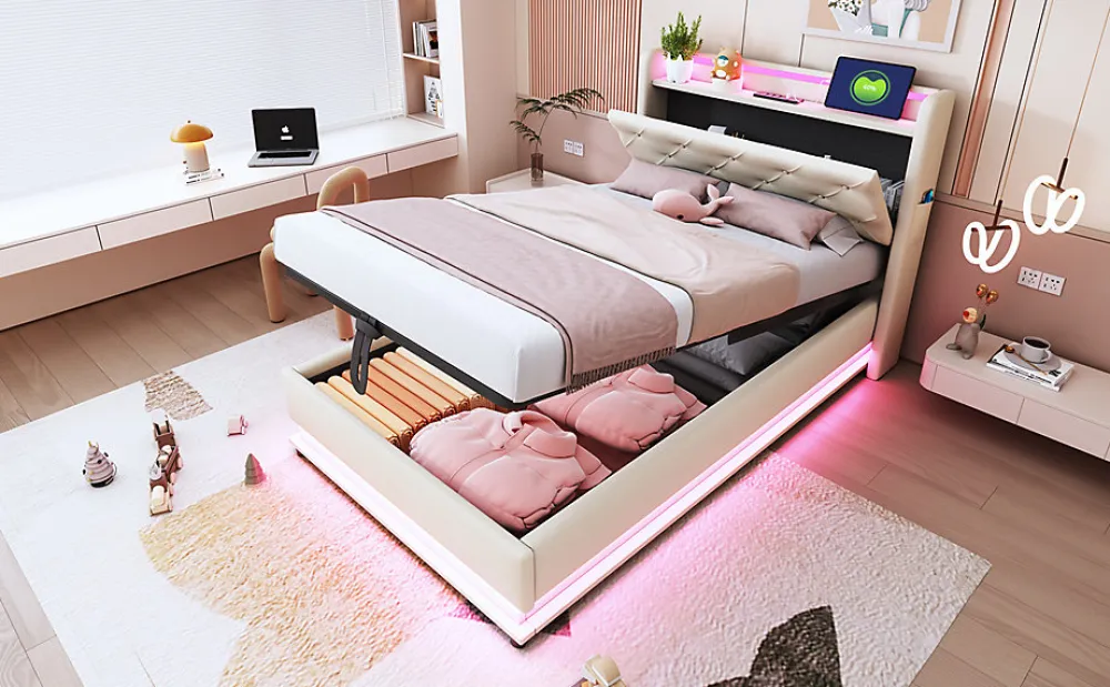 Lit simple rembourré 90 sur 200 avec LED multicolores port USB tête relevable coffre hydraulique poche téléphone lin beige>Redom Online