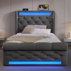 Lit simple rembourré avec éclairage LED,ports USB et Type-C,lit coffre hydraulique,cadre de lit 90x200cm,velours,gris><noscript><img width=