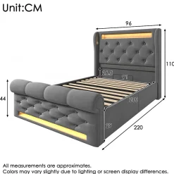 Lit simple rembourré avec éclairage LED,ports USB et Type-C,lit coffre hydraulique,cadre de lit 90x200cm,velours,gris><noscript><img width=