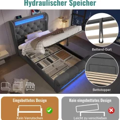 Lit simple rembourré avec éclairage LED,ports USB et Type-C,lit coffre hydraulique,cadre de lit 90x200cm,velours,gris><noscript><img width=