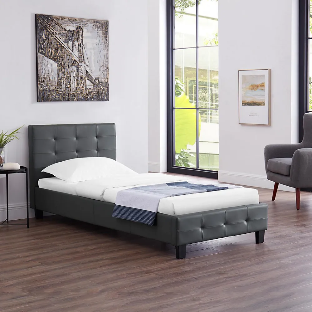 Lit simple REVE, 90 x 190 cm, capitonné avec sommier, revêtement synthétique gris>Idimex Online
