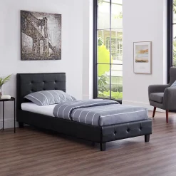Lit simple REVE, 90 x 190 cm, capitonné avec sommier, revêtement synthétique noir>Idimex Discount
