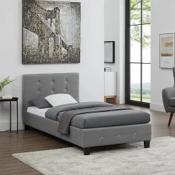 Idimex Lit simple TICO, 90 x 190 cm, capitonné avec sommier, revêtement en tissu gris* Lit Simple