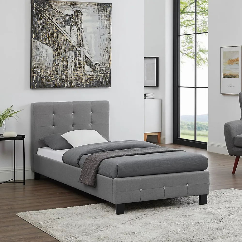 Idimex Lit simple TICO, 90 x 190 cm, capitonné avec sommier, revêtement en tissu gris* Lit Simple