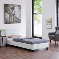 Lit simple TICO, 90 x 190 cm, capitonné avec sommier, revêtement synthétique blanc>Idimex Clearance