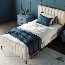Okwish Lit simple 90x200 - Lit rembourré avec cadre en bois et métal - Lin - Sans Matelas - Beige* Lit Simple