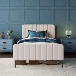 Okwish Lit simple 90x200 - Lit rembourré avec cadre en bois et métal - Lin - Sans Matelas - Beige* Lit Simple