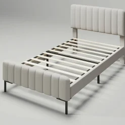 Okwish Lit simple 90x200 - Lit rembourré avec cadre en bois et métal - Lin - Sans Matelas - Beige* Lit Simple