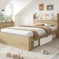 Lit Simple 90x190 cm - 2 Tiroirs et Étagères, Tête de Lit avec Rangement, en Bois Partiel Massif - Sans Matelas - Blanc>Okwish Sale