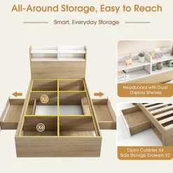 Lit Simple 90x190 cm - 2 Tiroirs et Étagères, Tête de Lit avec Rangement, en Bois Partiel Massif - Sans Matelas - Blanc><noscript><img width=